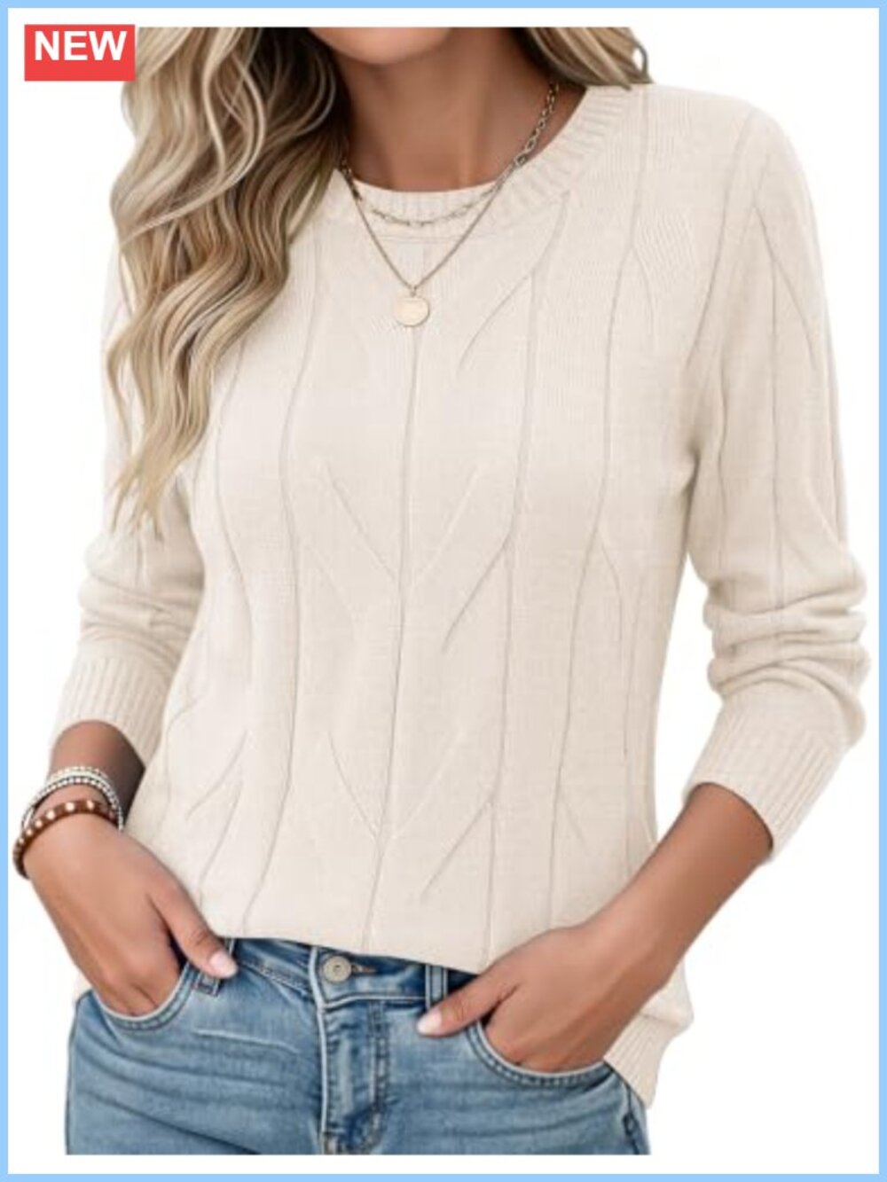 Women's Cable Knit Long Sleeve Crewneck Sweater Pullover Top Fall
